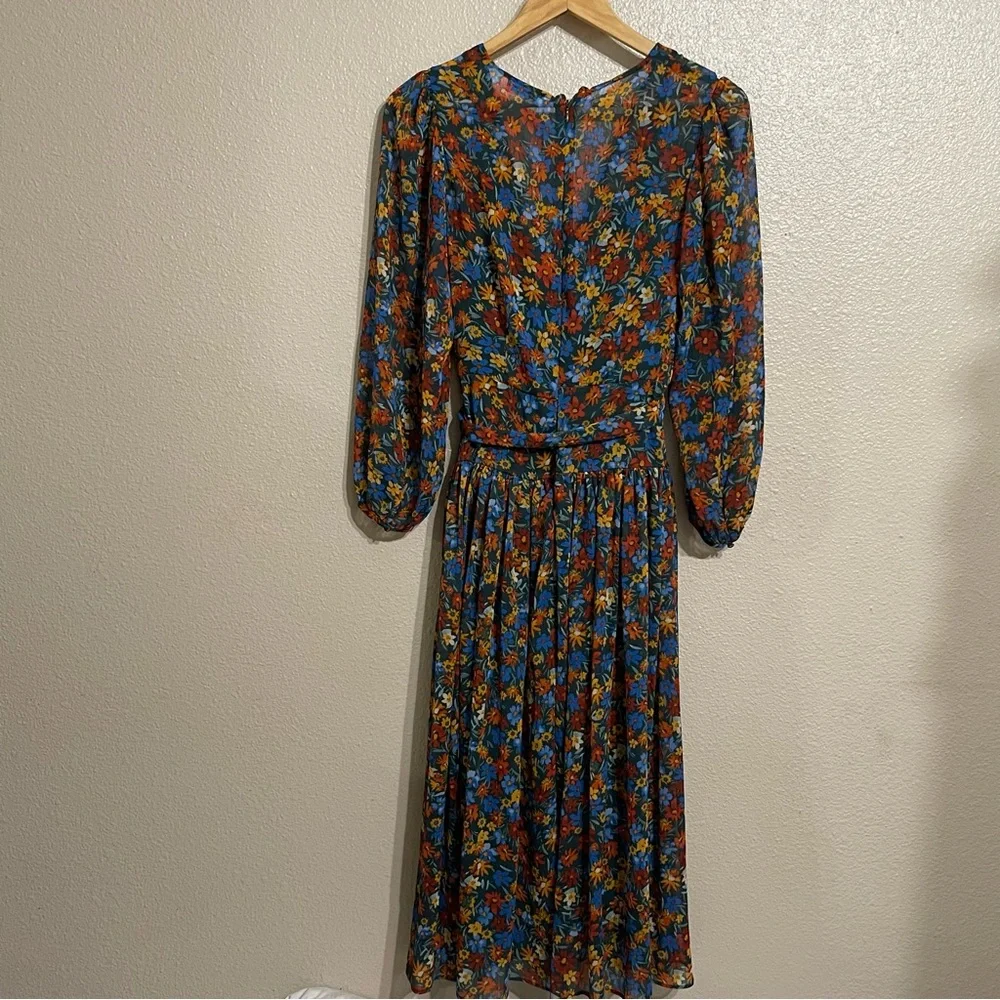 Surplice‎ Neck Three-Quarter Sleeve Floral Print Faux Wrap Midi Dress Sz 8 - Picture 5 of 14